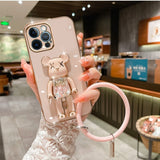 Cute Candy Bead Bear Holder with Wrist Ring Phone Cover Case For iPhone 14 13 Por Max Plus Mini