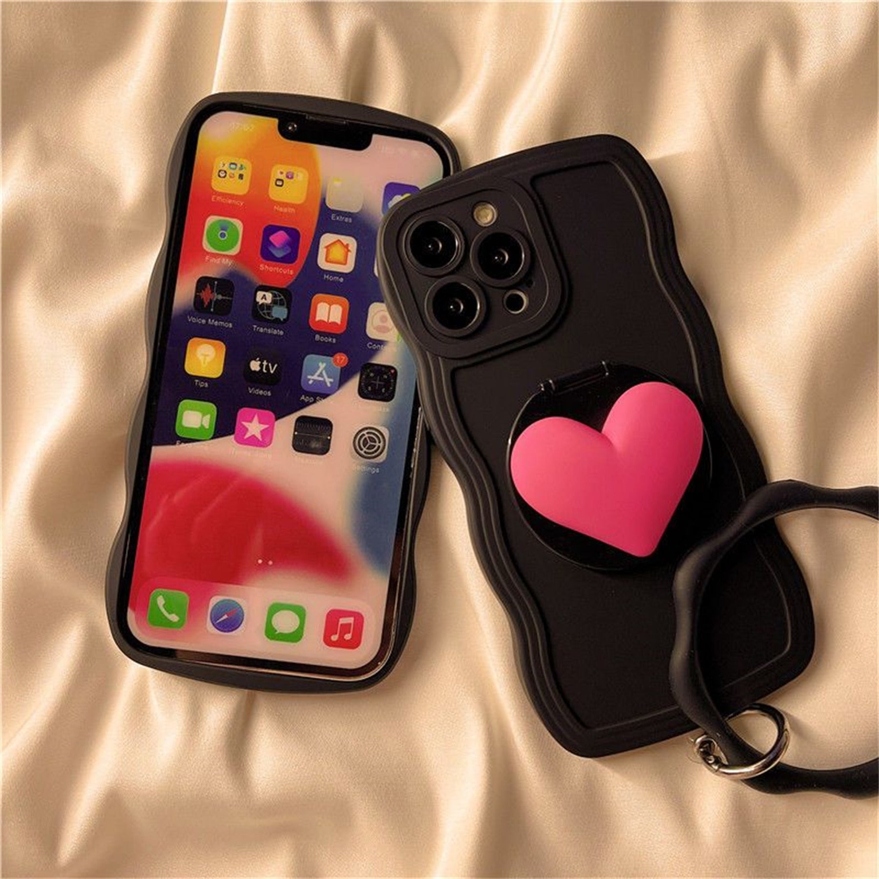 Cute 3D Love Heart Shape Makeup Mirror Wave Edge Black iPhone Phone Soft Cover Case