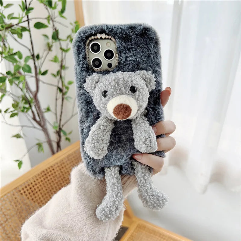 Adorable Cute Soft Teddy Bear Bunny Fluffy Phone Case Cover For iPhone 15 14 13 Pro 12 11 Pro Max 8 7 6S Plus SE