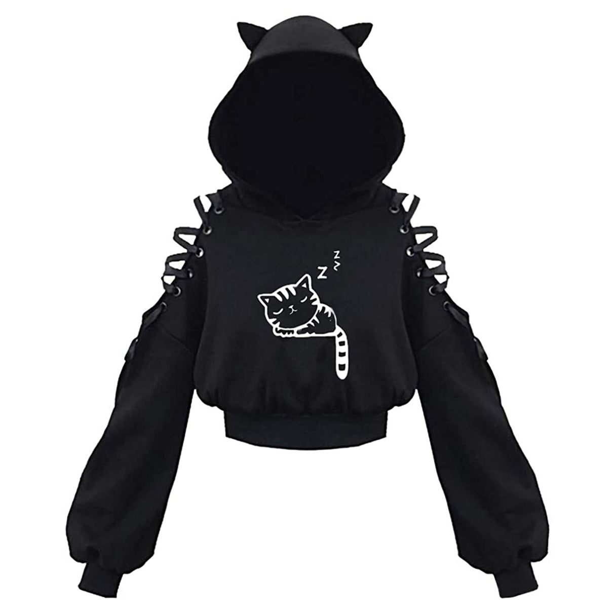Cute Cat Ear Pullover Lace Up Long Sleeve Sweater Hoodie