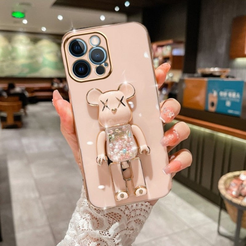Cute Candy Bead Bear Holder with Wrist Ring Phone Cover Case For iPhone 14 13 Por Max Plus Mini