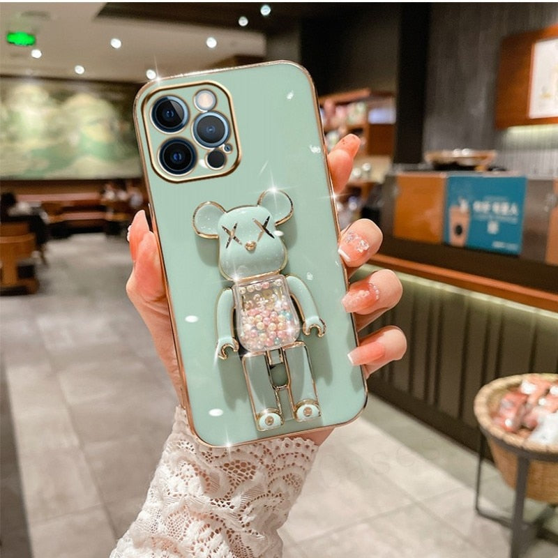 Cute Candy Bead Bear Holder with Wrist Ring Phone Cover Case For iPhone 14 13 Por Max Plus Mini