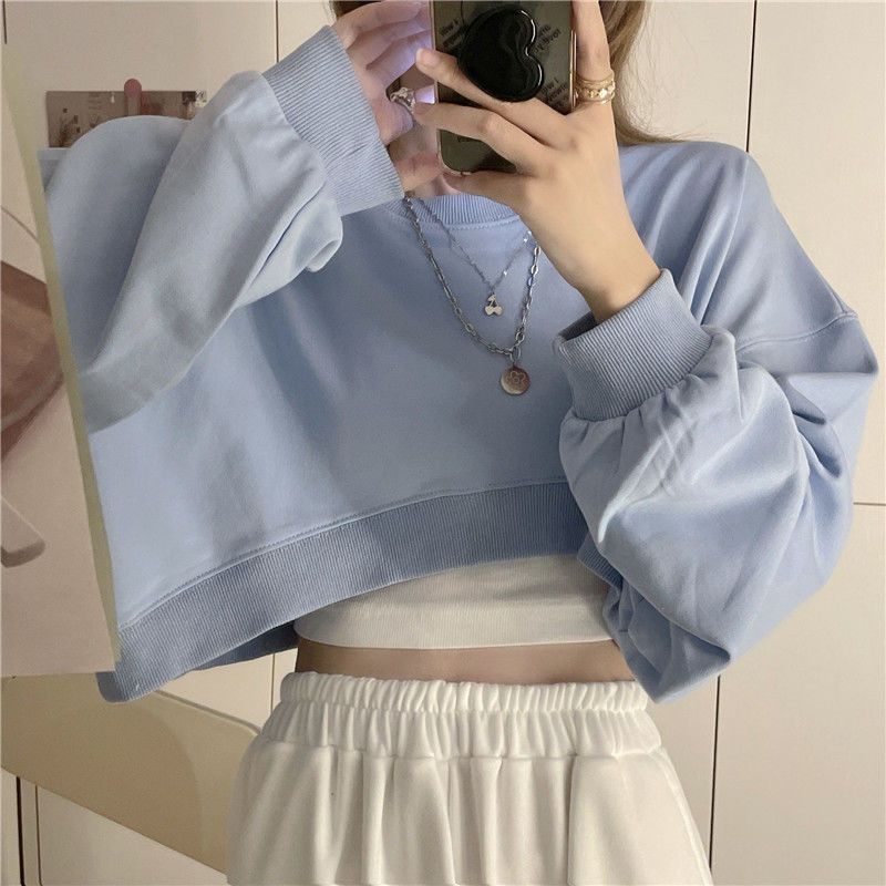Basic Solid Stylish Streetwear Long Sleeve Loose Pullover Crop Sweatshirt Top