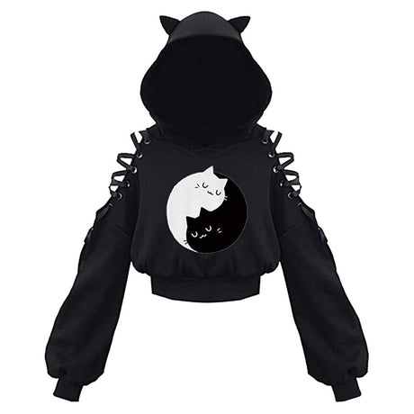 Cute Cat Ear Pullover Lace Up Long Sleeve Sweater Hoodie