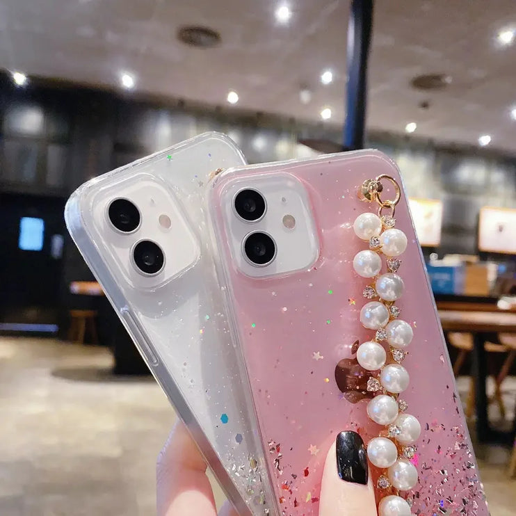 Glitter Luxury Pearl Chain Strap Soft Phone Case Cover For iPhone 15 14 13 12 11 Pro Max Plus Mini