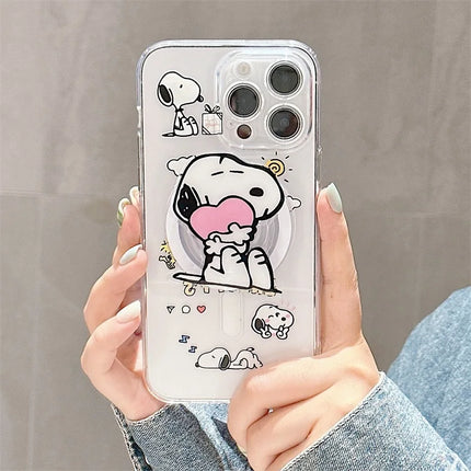 Cute Cartoon Snoopy MagSafe Holder Phone Case For iPhone 16 15 14 13 12 11 Pro Max Plus