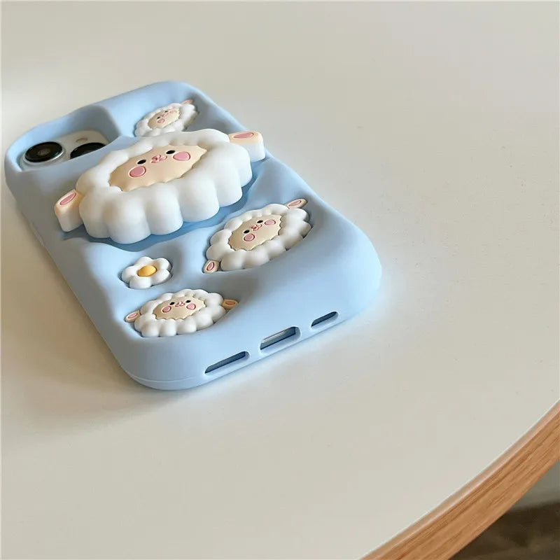 Cute 3D Sheep Daisy Holder Stand Phone Case Cover For iPhone 15 14 13 12 11 Pro Max