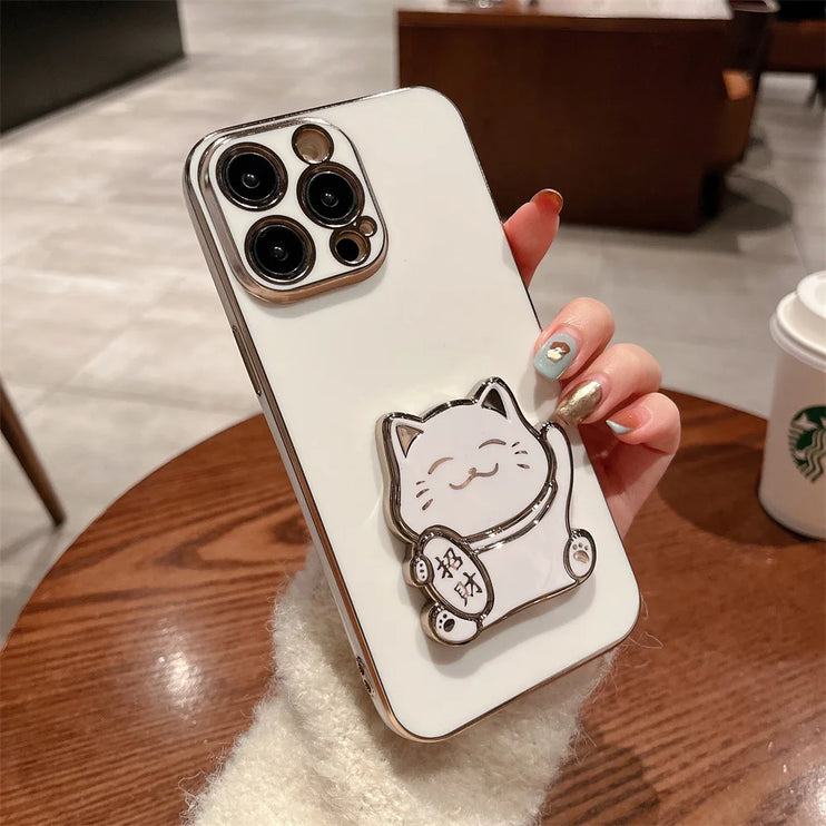 Cute Lucky Cat Folding Stand Phone Case Cover for iPhone 15 14 13 Pro Max Plus Mini