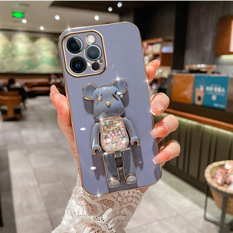Cute Candy Bead Bear Holder with Wrist Ring Phone Cover Case For iPhone 14 13 Por Max Plus Mini