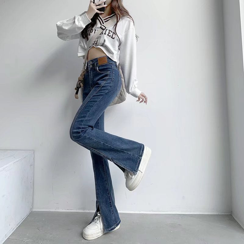 Stylish Trendy High Waist Stretch Slim Wide Leg Flared Boot Cut Denim Pants Jeans