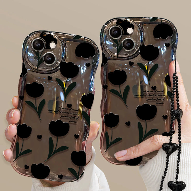 Cute Wave Tulip Flower Wrist Strap Clear Soft Phone Case For iPhone - Accessoriesforever