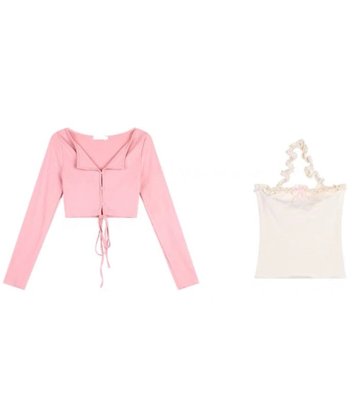 Sweet Cute Pink Cardigan and Tank top Fashion Top Two-Piece Set
