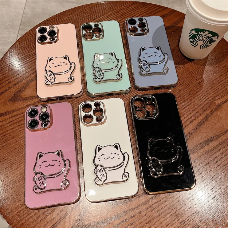 Cute Lucky Cat Folding Stand Phone Case Cover for iPhone 15 14 13 Pro Max Plus Mini