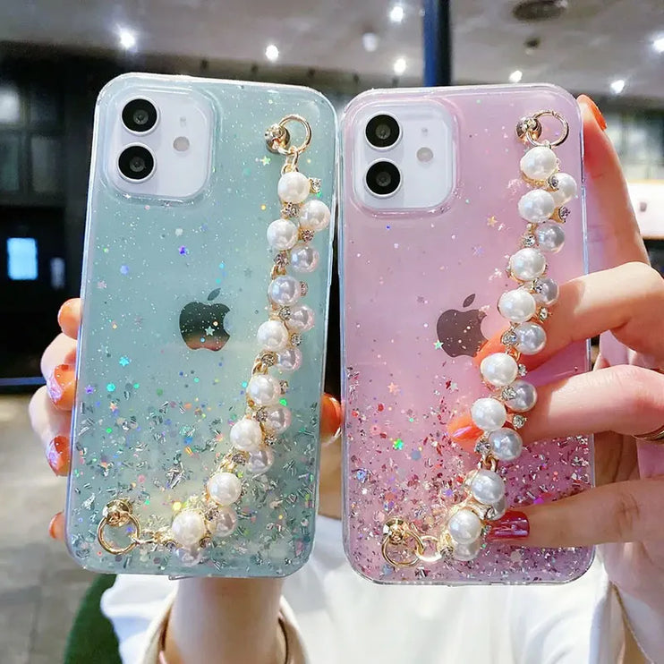 Glitter Luxury Pearl Chain Strap Soft Phone Case Cover For iPhone 15 14 13 12 11 Pro Max Plus Mini