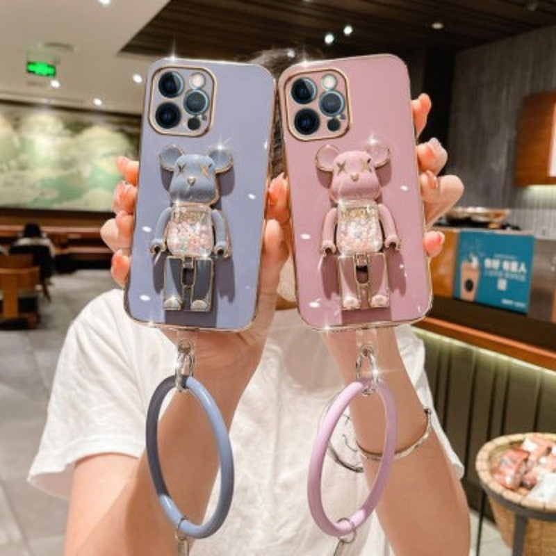 Cute Candy Bead Bear Holder with Wrist Ring Phone Cover Case For iPhone 14 13 Por Max Plus Mini