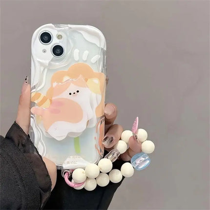Cute Fun Cat Holder Stand Beaded Wristlet Strap Phone Case for Samsung Galaxy