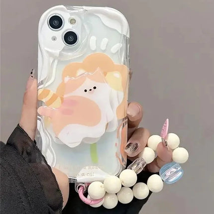 Cute Fun Cat Holder Stand Beaded Wristlet Strap Phone Case for Samsung Galaxy