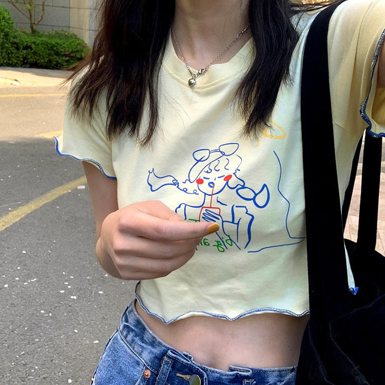Cute Fashion Short Length Graphic Streetwear Crop Top T-shirt Tee