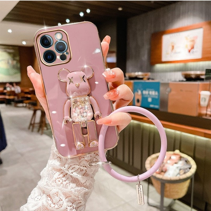 Cute Candy Bead Bear Holder with Wrist Ring Phone Cover Case For iPhone 14 13 Por Max Plus Mini