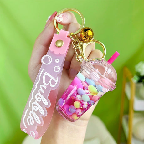 Cute Liquid Multi-colored Floating Bubble Boba Pearl Milk Tea Cup Jelly Bean Keyring Backpack Pendant Charm Keychain  