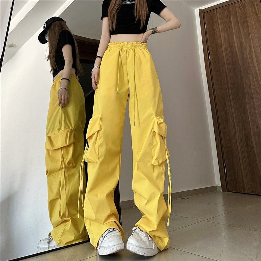 Solid Comfy Trendy Fashion Streetwear High Waist Wide Straight Leg Cargo Pants