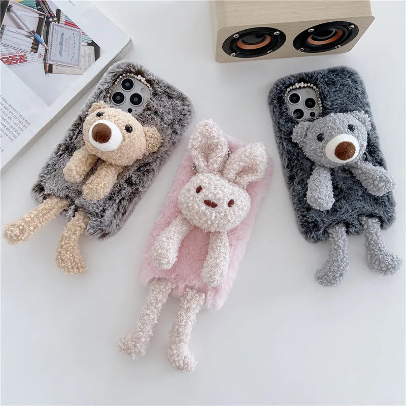 Adorable Cute Soft Teddy Bear Bunny Fluffy Phone Case Cover For iPhone 15 14 13 Pro 12 11 Pro Max 8 7 6S Plus SE