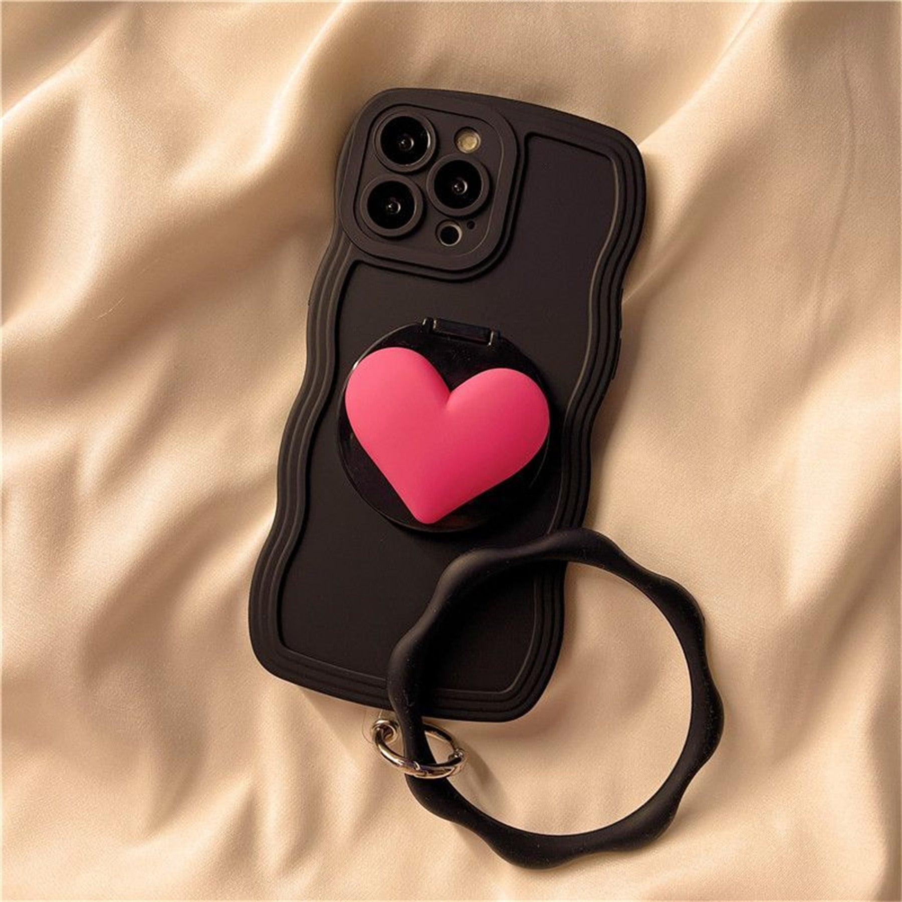 Cute 3D Love Heart Shape Makeup Mirror Wave Edge Black iPhone Phone Soft Cover Case