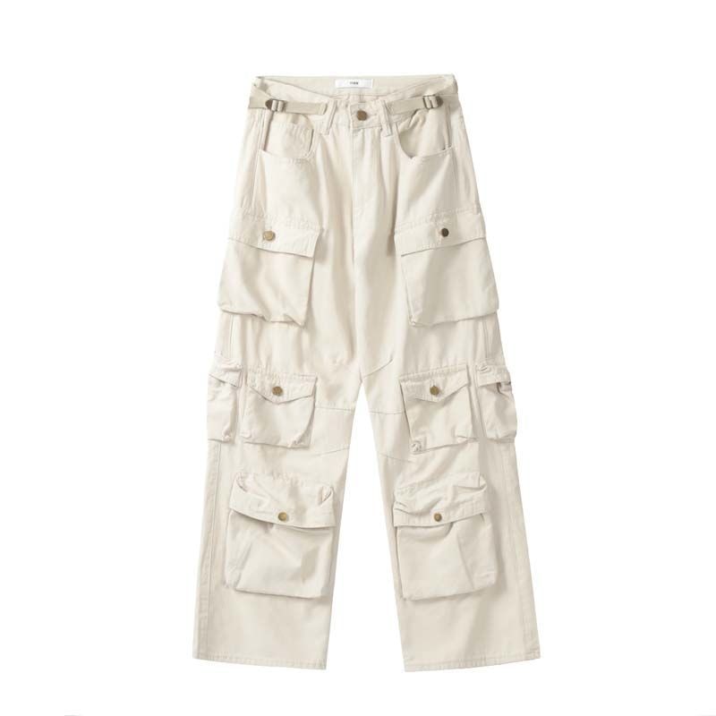 Stylish Multi-Pocket Cargo Pants Retro Street Fashion High Waist Wide Legs Casual Jeans