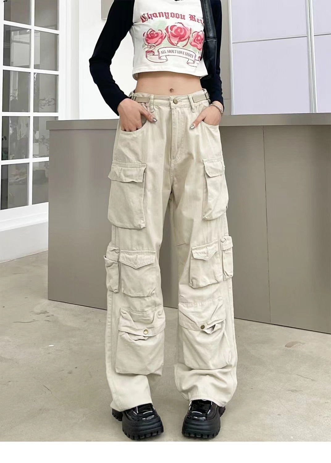 Stylish Multi-Pocket Cargo Pants Retro Street Fashion High Waist Wide Legs Casual Jeans