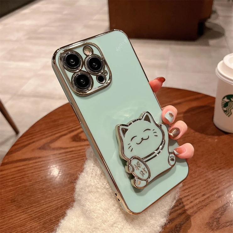 Cute Lucky Cat Folding Stand Phone Case Cover for iPhone 15 14 13 Pro Max Plus Mini