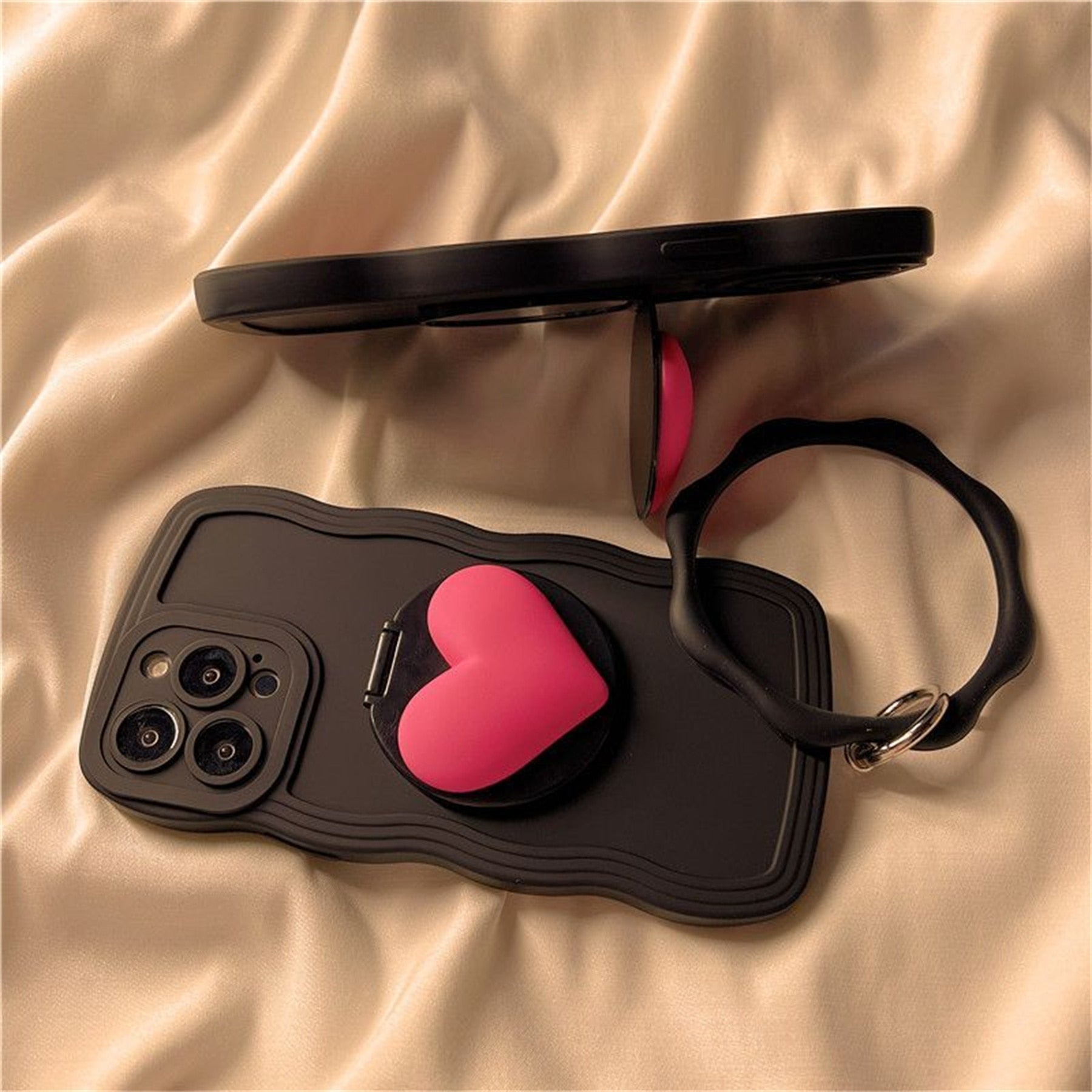 Cute 3D Love Heart Shape Makeup Mirror Wave Edge Black iPhone Phone Soft Cover Case