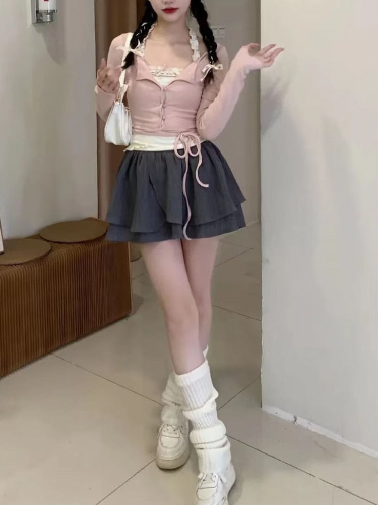 Sweet Cute Gray Ruffled Layered Fashion Mini Skirt