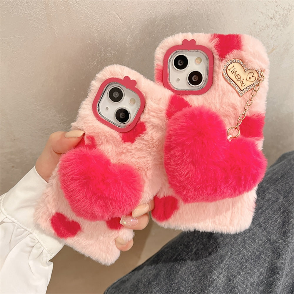 Beautiful Love Heart Design Fluffy Fur Plush iPhone Protective Phone Case Cover
