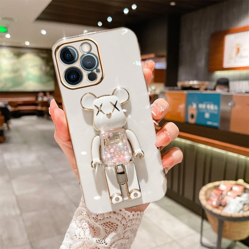Cute Candy Bead Bear Holder with Wrist Ring Phone Cover Case For iPhone 14 13 Por Max Plus Mini