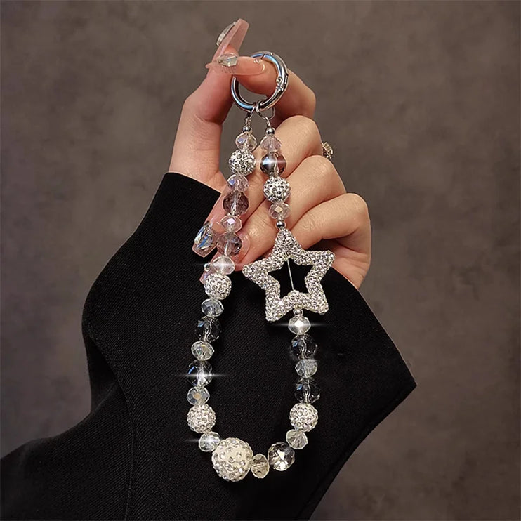 Sparkling Star Beaded Crystal Rhinestone Luxury Phone Keychain Wrist Hand Strap