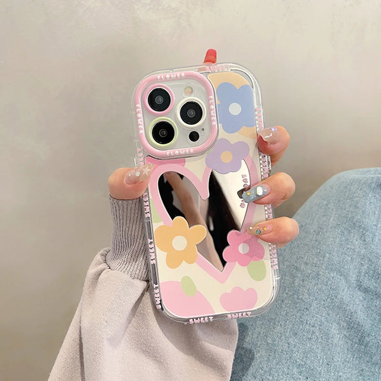 Sweet Floral Love Heart Mirror Phone Case Cover for iPhone 15 14 13 12 11 Pro Max Plus