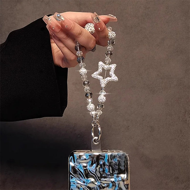 Sparkling Star Beaded Crystal Rhinestone Luxury Phone Keychain Wrist Hand Strap