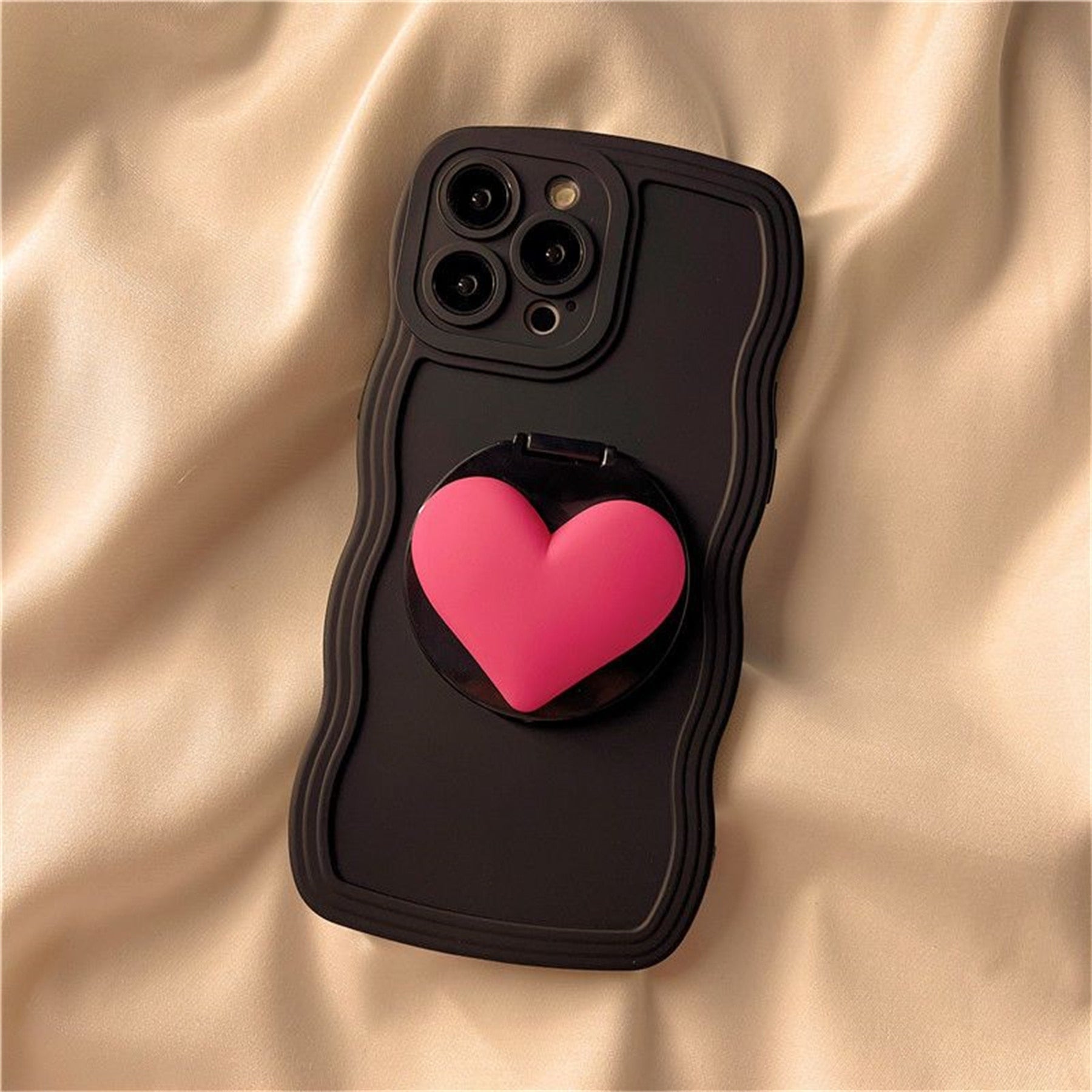 Cute 3D Love Heart Shape Makeup Mirror Wave Edge Black iPhone Phone Soft Cover Case