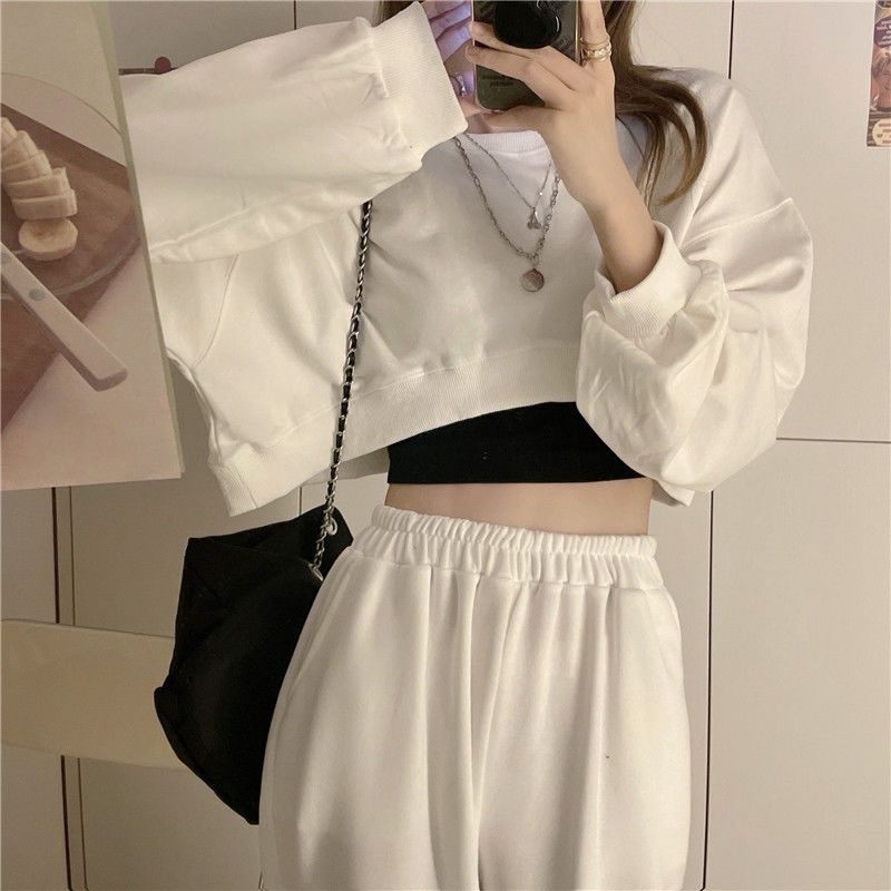 Basic Solid Stylish Streetwear Long Sleeve Loose Pullover Crop Sweatshirt Top