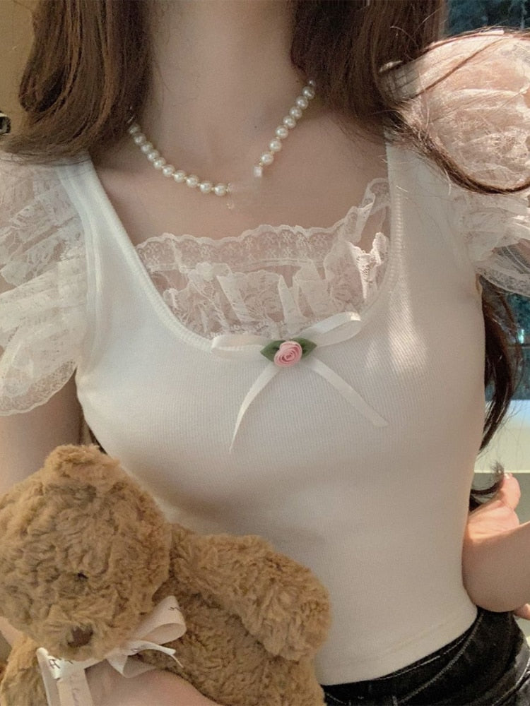 Super Sweet Cute Lace Decorated Flying Sleeves Design Fashion Shirt Top
