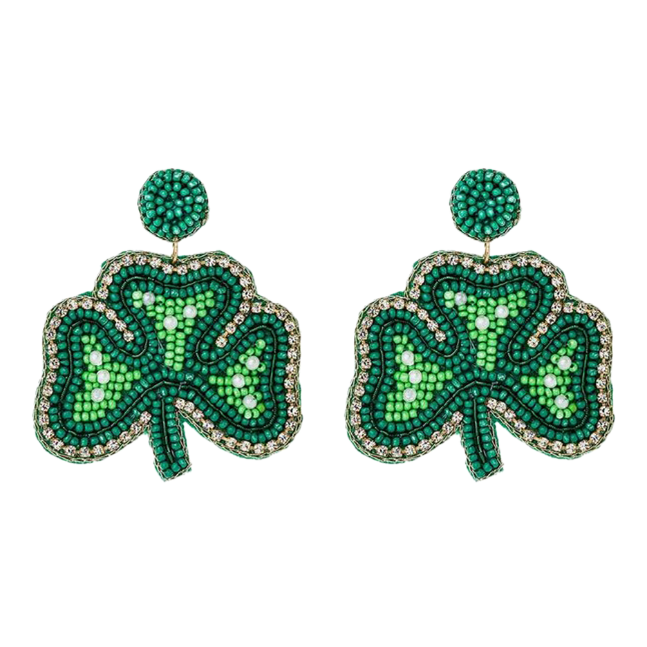 St. Patrick's Day Beaded Lucky Clover Charm Dangle Fashion Earrings