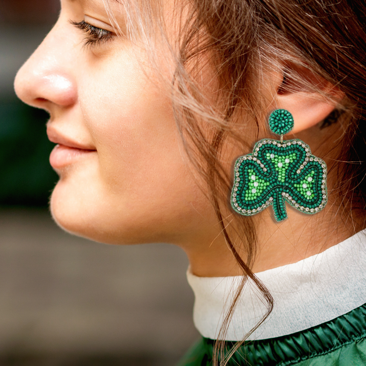 St. Patrick's Day Beaded Lucky Clover Charm Dangle Fashion Earrings