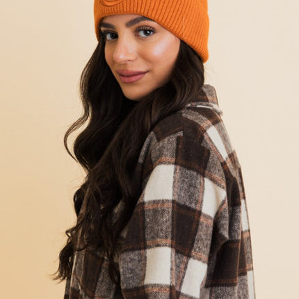 Cozy Happy Face Embroidered Hat Ribbed Knit Beanie
