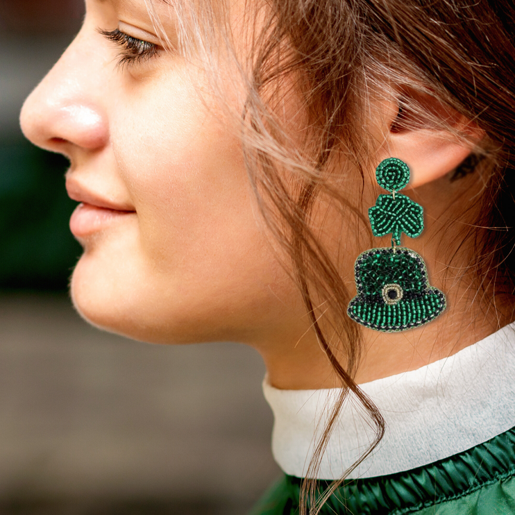 St. Patrick's Day Beaded Lucky Clover & Hat Dangle Fashion Earrings