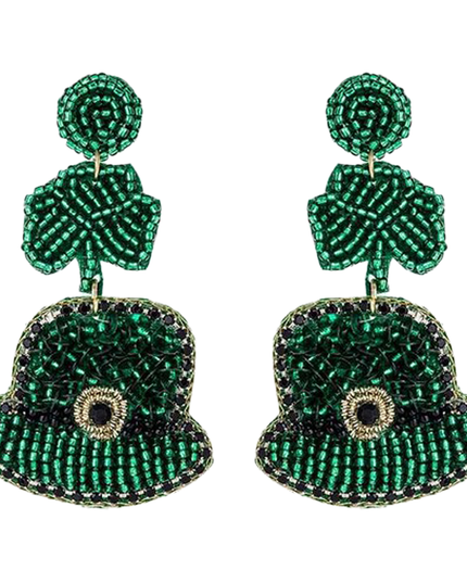 St. Patrick's Day Beaded Lucky Clover & Hat Dangle Fashion Earrings