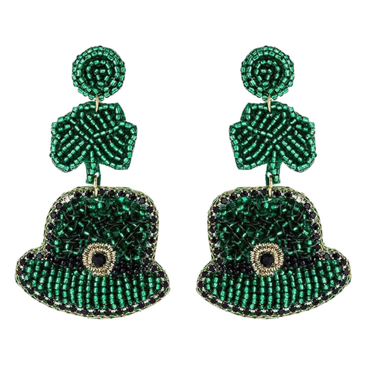 St. Patrick's Day Beaded Lucky Clover & Hat Dangle Fashion Earrings