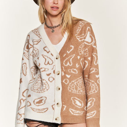 Oversized Heart Paisley Button-Down Sweater Cardigan with Color Block