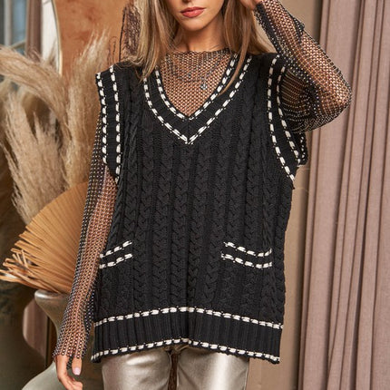 Fashion V-Neck Sleeveless Pocket Detail Design Knit Sweater Vest - Accessoriesforever