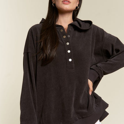 Ribbed Knit Hooded Sweatshirt with Button Detail