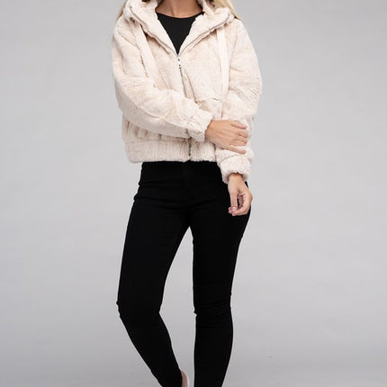 Plush Cropped Teddy Hoodie with Zip-Up Front and Drawstring Hood